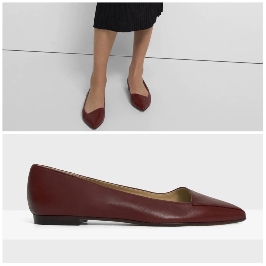 Theory Pointed Flat In Leather Flats Maroon Nib 320 Sz 37